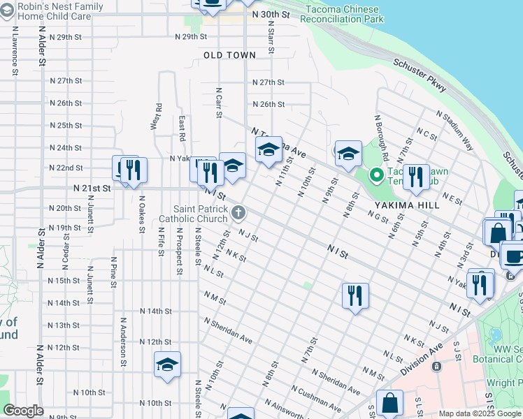 map of restaurants, bars, coffee shops, grocery stores, and more near 1101 North I Street in Tacoma