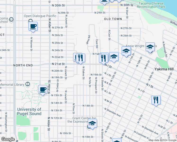 map of restaurants, bars, coffee shops, grocery stores, and more near 1906 North Fife Street in Tacoma