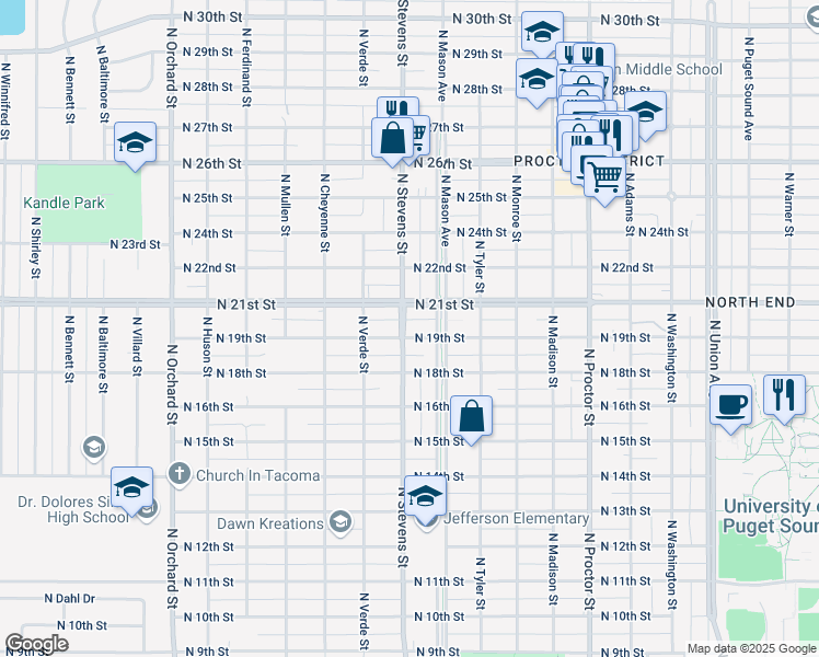 map of restaurants, bars, coffee shops, grocery stores, and more near 1901 North Stevens Street in Tacoma