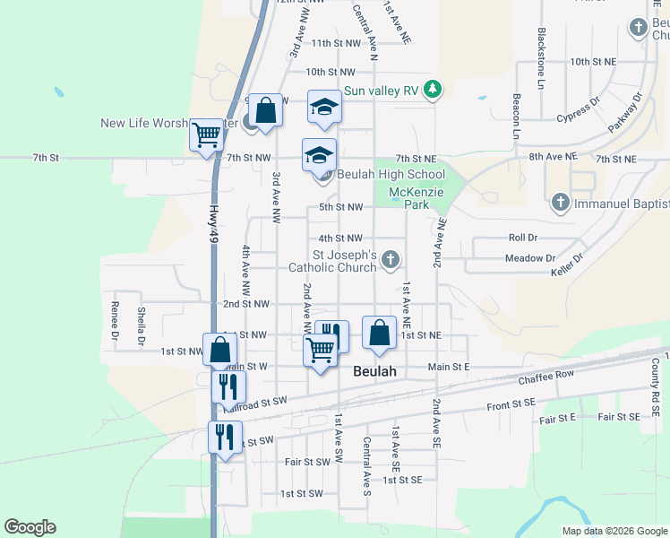 map of restaurants, bars, coffee shops, grocery stores, and more near 309-399 1st Avenue Northwest in Beulah