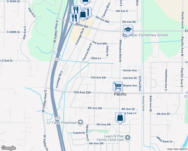 map of restaurants, bars, coffee shops, grocery stores, and more near 202 2nd Avenue Southwest in Pacific