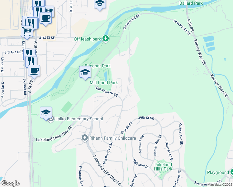 map of restaurants, bars, coffee shops, grocery stores, and more near 718 47th Street Southeast in Auburn