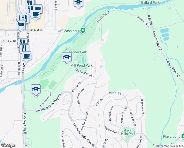 map of restaurants, bars, coffee shops, grocery stores, and more near 4708 Mill Pond Drive Southeast in Auburn