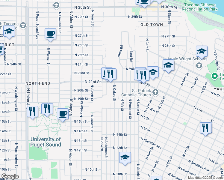 map of restaurants, bars, coffee shops, grocery stores, and more near 1922 N Oakes St in Tacoma