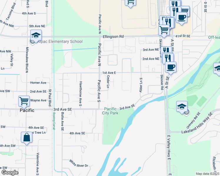 map of restaurants, bars, coffee shops, grocery stores, and more near 115 Cedar Lane in Pacific