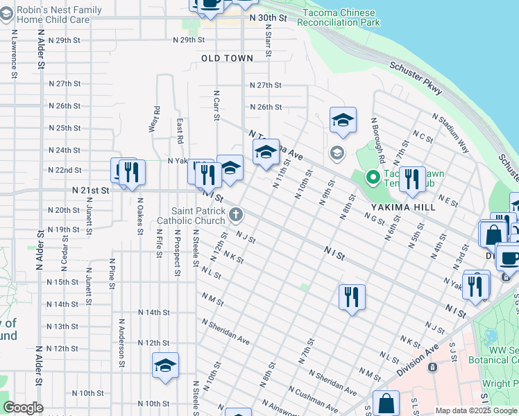 map of restaurants, bars, coffee shops, grocery stores, and more near 1101 North I Street in Tacoma