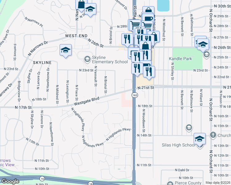 map of restaurants, bars, coffee shops, grocery stores, and more near 6002 North Westgate Boulevard in Tacoma