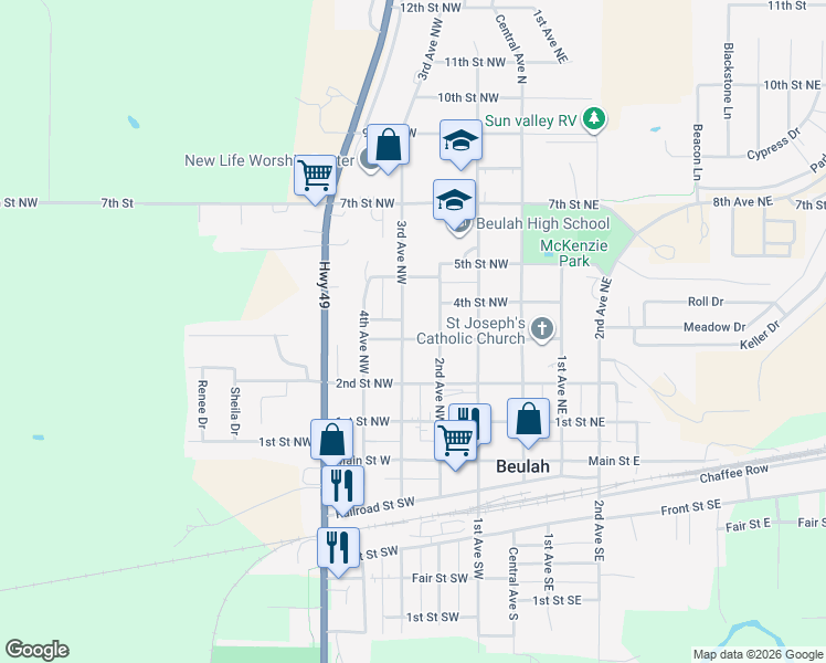 map of restaurants, bars, coffee shops, grocery stores, and more near 316 3rd Avenue Northwest in Beulah