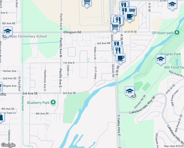 map of restaurants, bars, coffee shops, grocery stores, and more near 114 Alder Lane South in Pacific