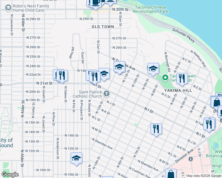map of restaurants, bars, coffee shops, grocery stores, and more near 1101 North I Street in Tacoma
