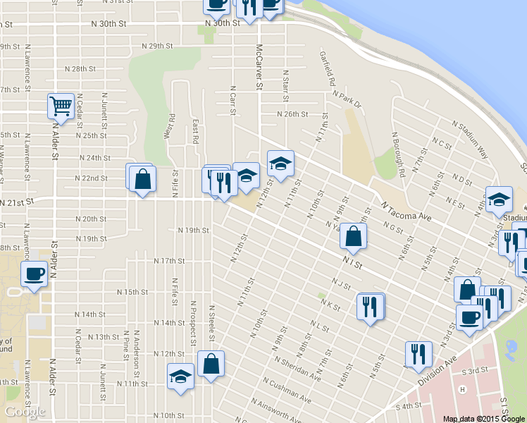 map of restaurants, bars, coffee shops, grocery stores, and more near 1101 North I Street in Tacoma