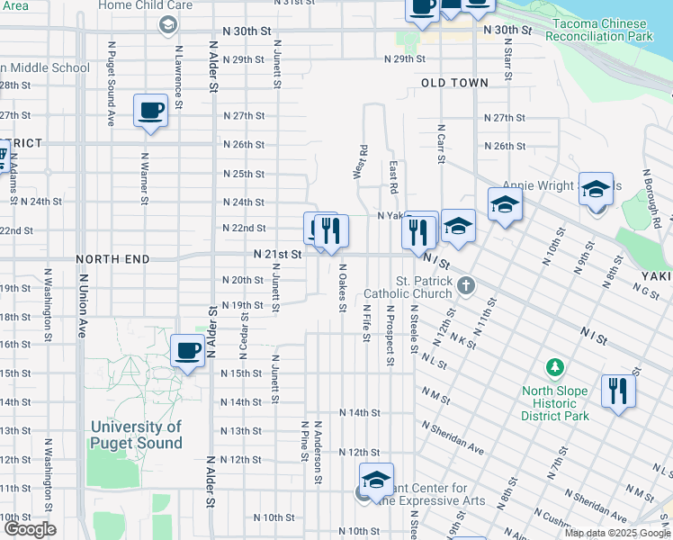 map of restaurants, bars, coffee shops, grocery stores, and more near 1922 North Oakes Street in Tacoma