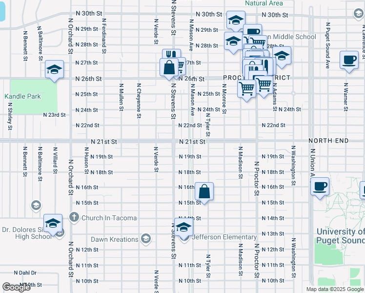 map of restaurants, bars, coffee shops, grocery stores, and more near 1901 North Stevens Street in Tacoma