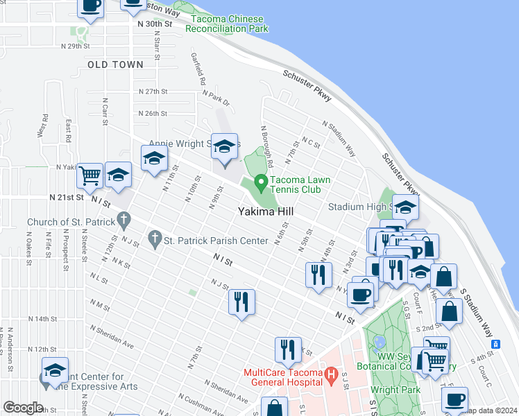 map of restaurants, bars, coffee shops, grocery stores, and more near North Tacoma Avenue in Tacoma