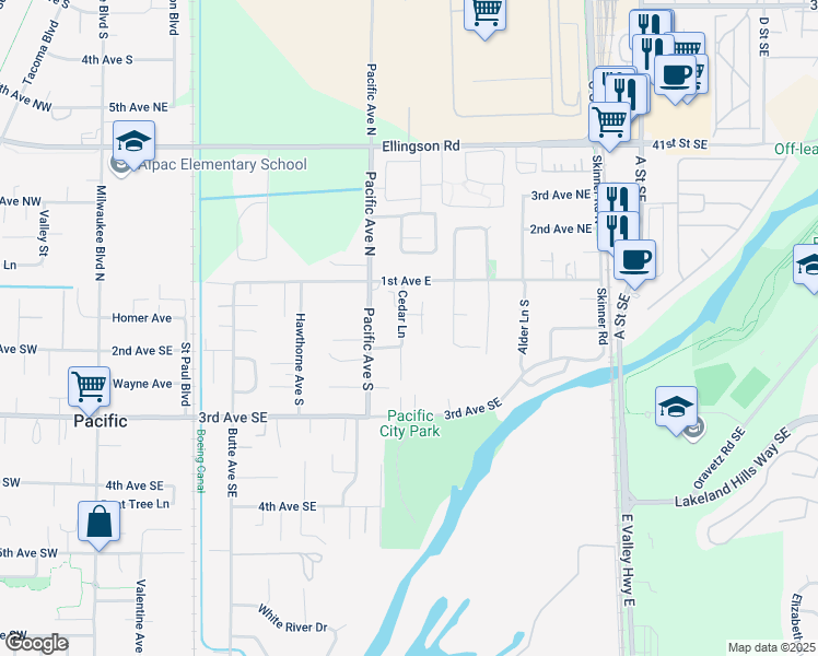 map of restaurants, bars, coffee shops, grocery stores, and more near 115 Cedar Lane in Pacific