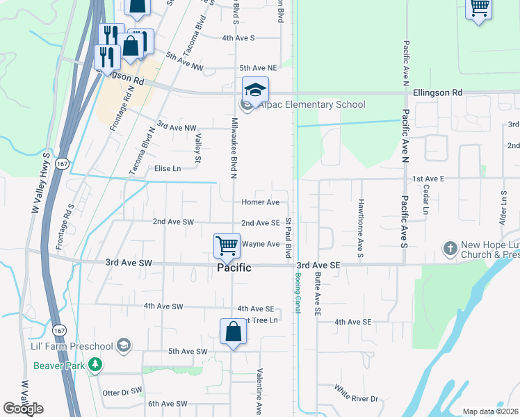map of restaurants, bars, coffee shops, grocery stores, and more near 118 Homer Avenue in Pacific