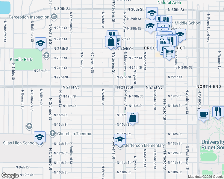 map of restaurants, bars, coffee shops, grocery stores, and more near 1901 North Stevens Street in Tacoma