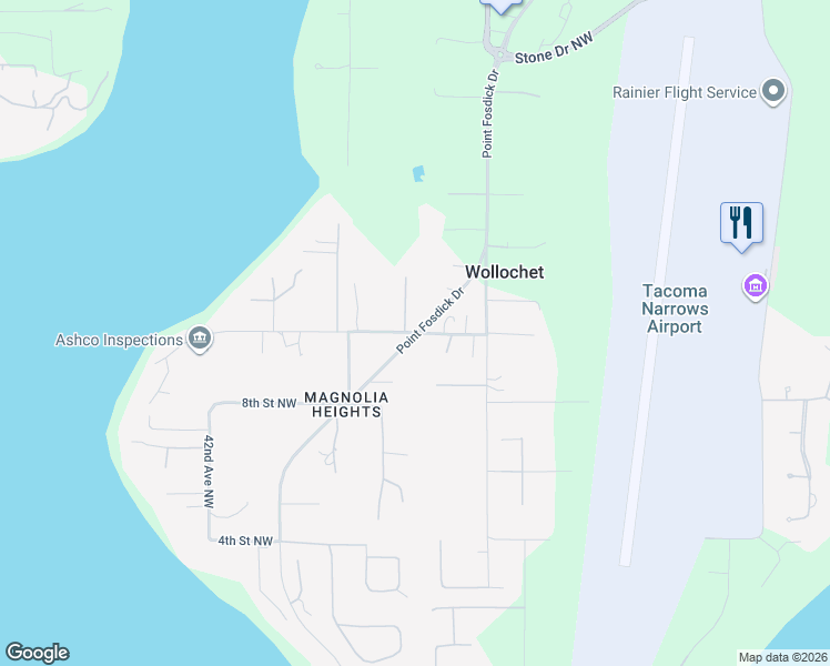 map of restaurants, bars, coffee shops, grocery stores, and more near 10th Street Northwest in Gig Harbor