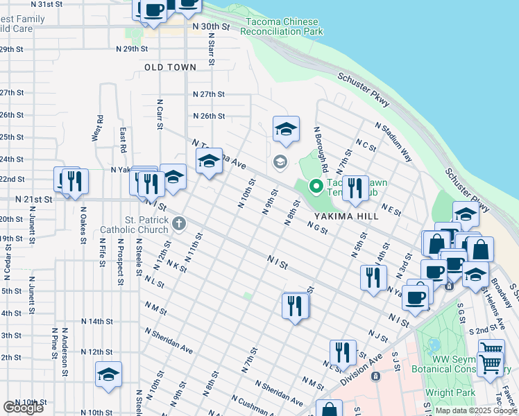 map of restaurants, bars, coffee shops, grocery stores, and more near 915 North Yakima Avenue in Tacoma