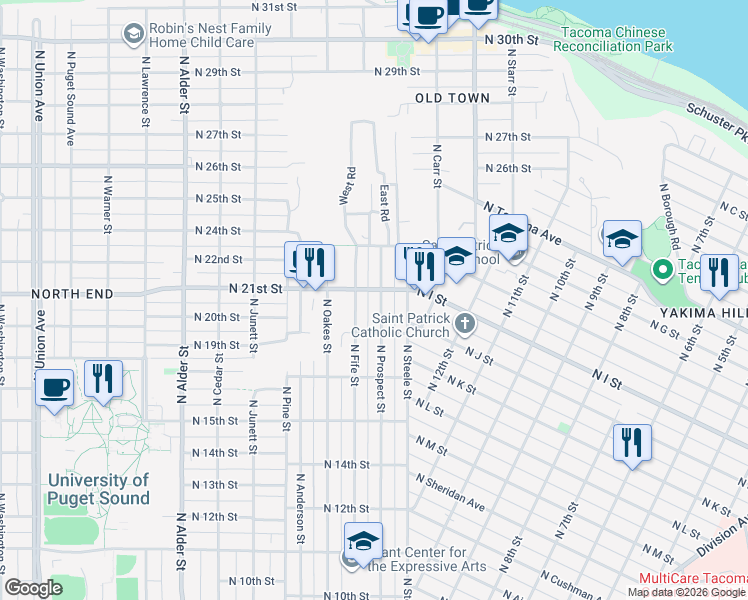 map of restaurants, bars, coffee shops, grocery stores, and more near 1907 North Prospect Street in Tacoma