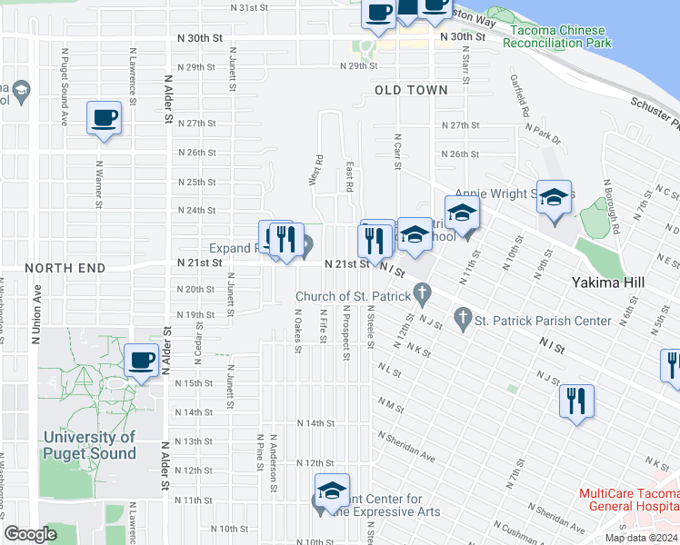 map of restaurants, bars, coffee shops, grocery stores, and more near 1907 North Prospect Street in Tacoma
