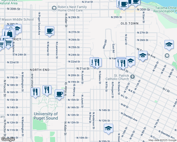 map of restaurants, bars, coffee shops, grocery stores, and more near 2902 North 20th Street in Tacoma