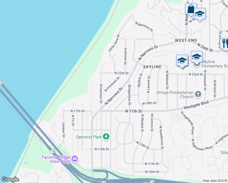 map of restaurants, bars, coffee shops, grocery stores, and more near 1734 North James Street in Tacoma