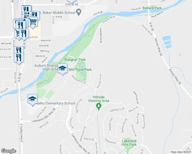 map of restaurants, bars, coffee shops, grocery stores, and more near 4704 Mill Pond Drive Southeast in Auburn