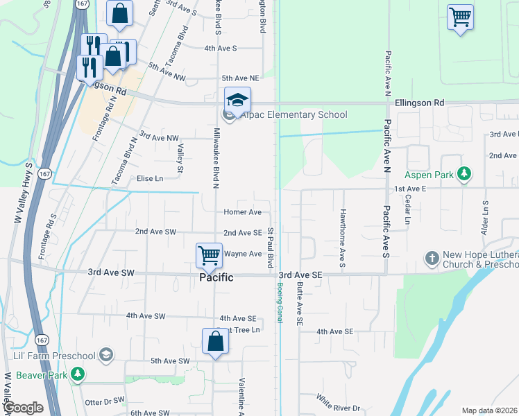 map of restaurants, bars, coffee shops, grocery stores, and more near 133 Homer Avenue in Pacific