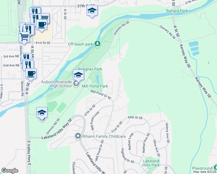 map of restaurants, bars, coffee shops, grocery stores, and more near 4724 Mill Pond Drive Southeast in Auburn