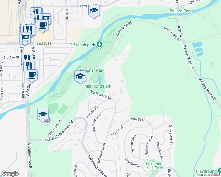 map of restaurants, bars, coffee shops, grocery stores, and more near 4704 Mill Pond Drive Southeast in Auburn