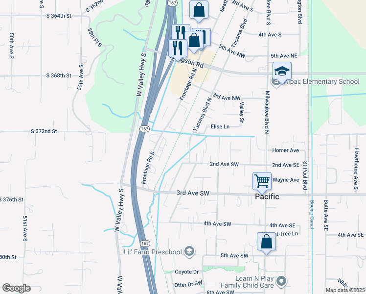map of restaurants, bars, coffee shops, grocery stores, and more near 104 Tacoma Boulevard South in Pacific