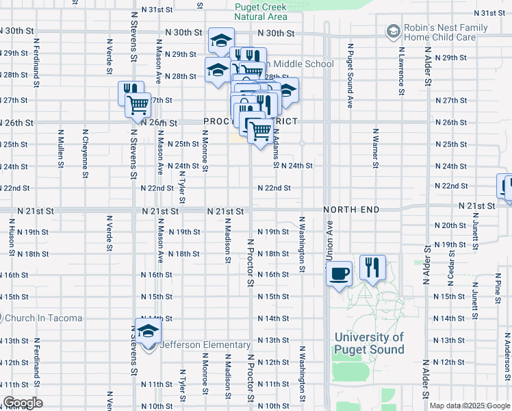 map of restaurants, bars, coffee shops, grocery stores, and more near 2101 North Proctor Street in Tacoma