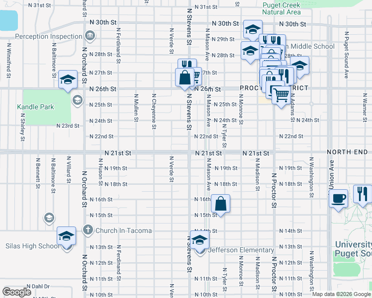 map of restaurants, bars, coffee shops, grocery stores, and more near 2102 North Stevens Street in Tacoma