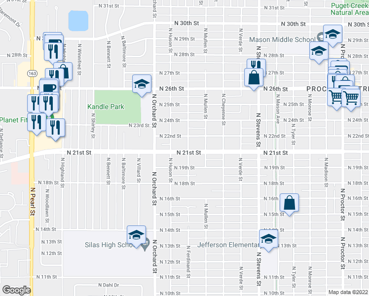 map of restaurants, bars, coffee shops, grocery stores, and more near 2102 North Ferdinand Street in Tacoma