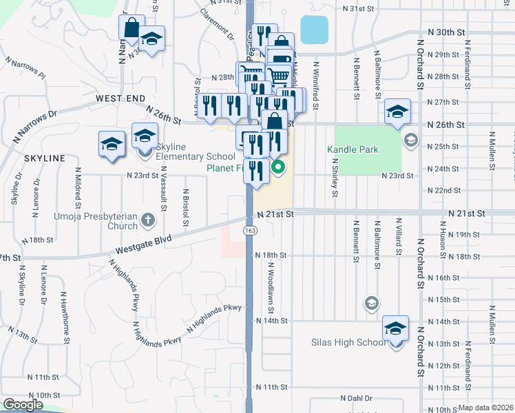 map of restaurants, bars, coffee shops, grocery stores, and more near 2203 North Pearl Street in Tacoma