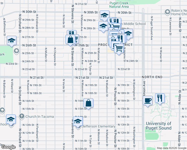 map of restaurants, bars, coffee shops, grocery stores, and more near 4120 North 22nd Street in Tacoma