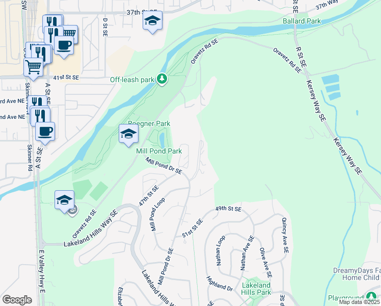 map of restaurants, bars, coffee shops, grocery stores, and more near 4704 Mill Pond Drive Southeast in Auburn