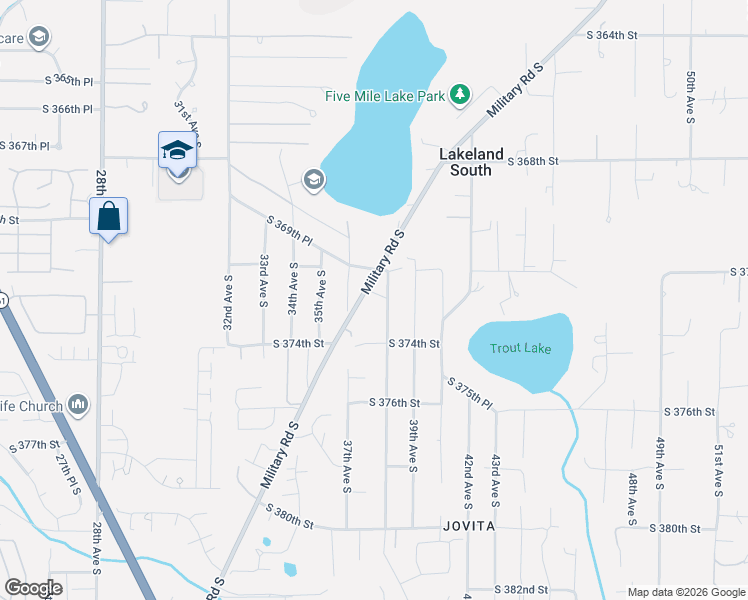 map of restaurants, bars, coffee shops, grocery stores, and more near 37200 Military Road South in Auburn