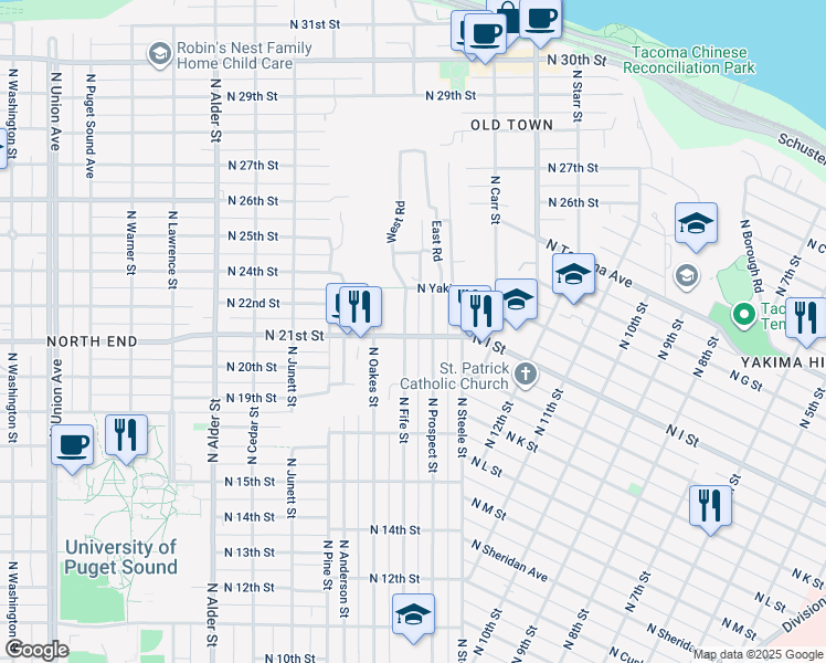 map of restaurants, bars, coffee shops, grocery stores, and more near 2112 North Fife Street in Tacoma