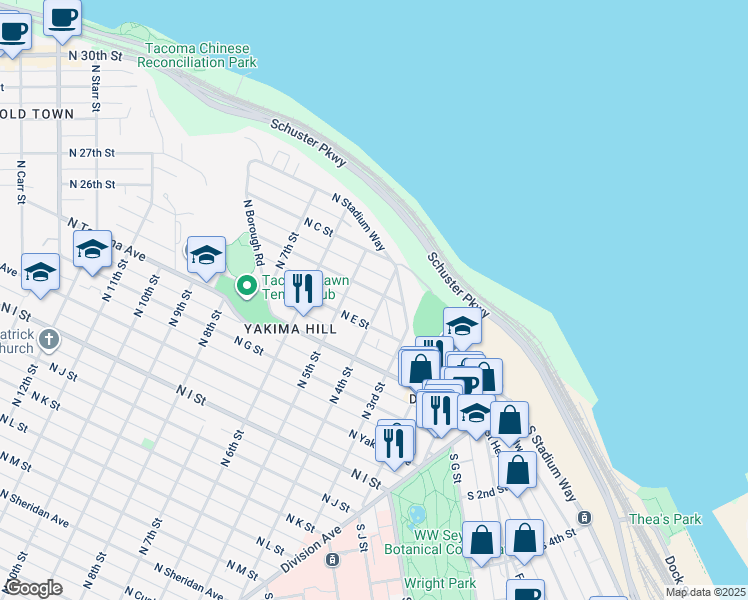 map of restaurants, bars, coffee shops, grocery stores, and more near 404 North D Street in Tacoma