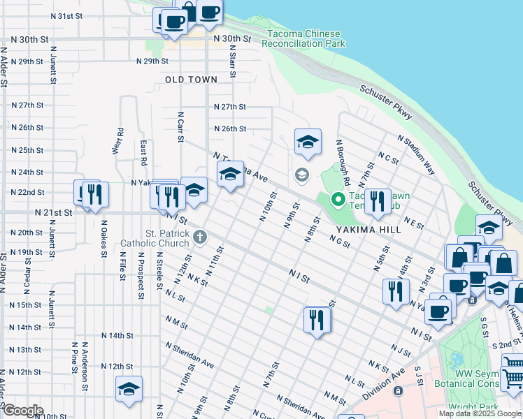 map of restaurants, bars, coffee shops, grocery stores, and more near 701 North 10th Street in Tacoma