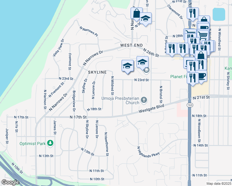 map of restaurants, bars, coffee shops, grocery stores, and more near 2101 North Mildred Street in Tacoma