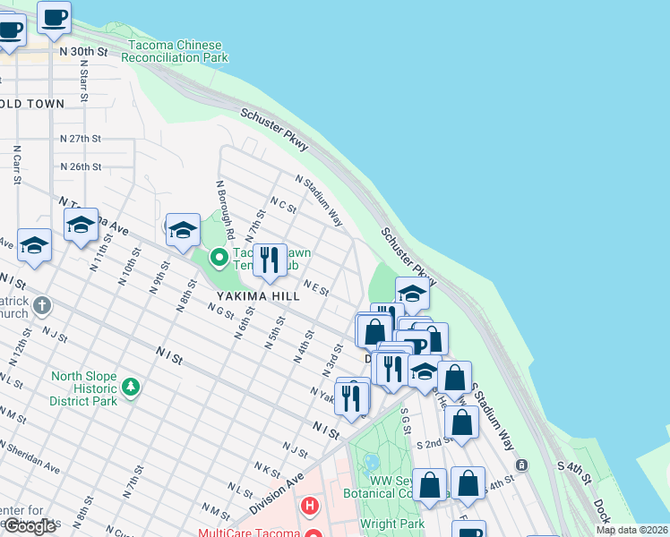 map of restaurants, bars, coffee shops, grocery stores, and more near 404 North D Street in Tacoma
