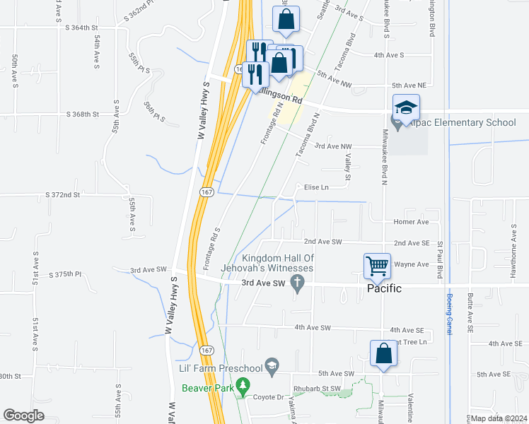 map of restaurants, bars, coffee shops, grocery stores, and more near 104 Tacoma Boulevard South in Pacific