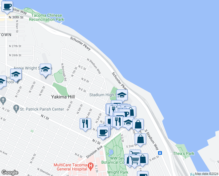 map of restaurants, bars, coffee shops, grocery stores, and more near 315 North Stadium Way in Tacoma