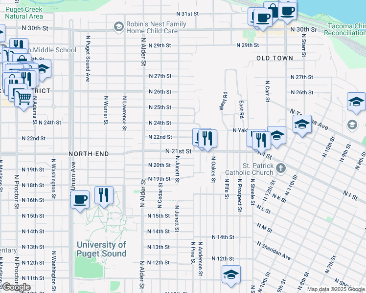 map of restaurants, bars, coffee shops, grocery stores, and more near 2112 North Junett Street in Tacoma
