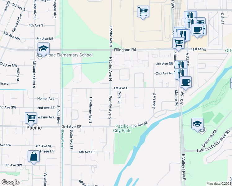 map of restaurants, bars, coffee shops, grocery stores, and more near 500 1st Avenue East in Pacific