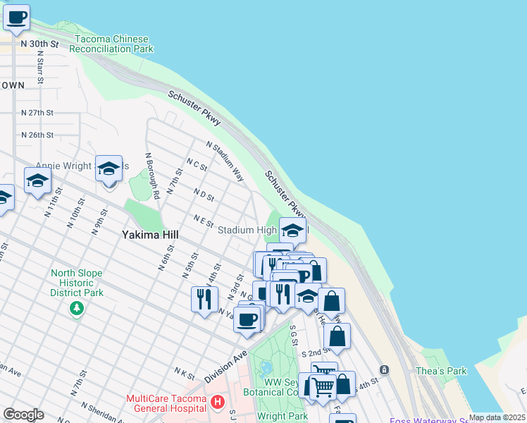 map of restaurants, bars, coffee shops, grocery stores, and more near 315 North Stadium Way in Tacoma