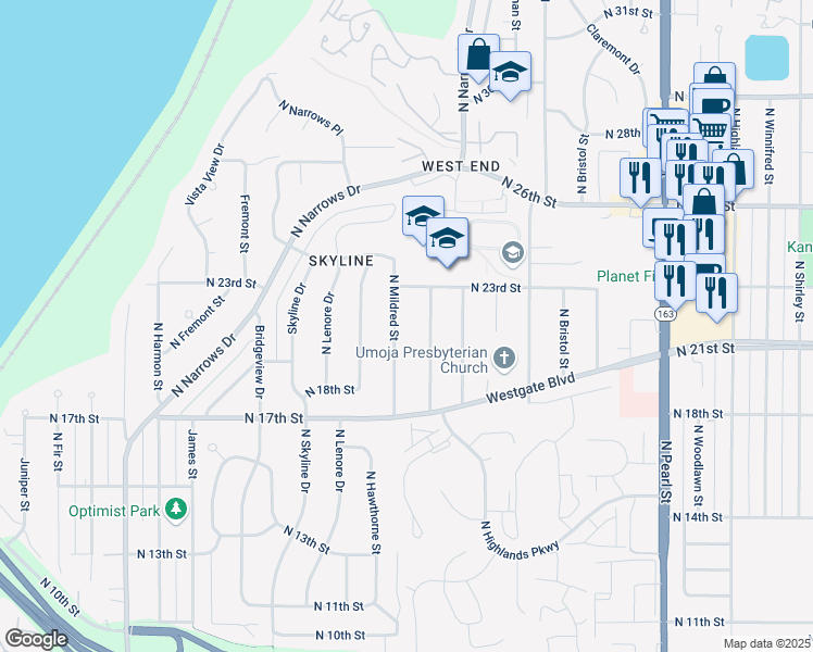 map of restaurants, bars, coffee shops, grocery stores, and more near 2101 North Mildred Street in Tacoma